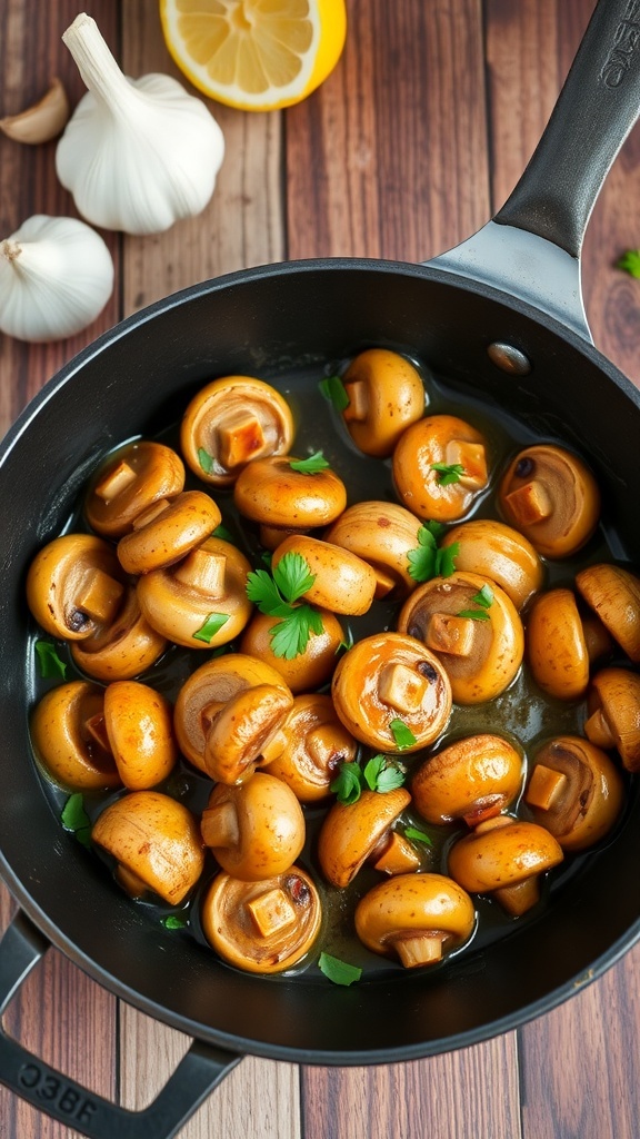 Sautéed garlic butter mushrooms in a skillet, garnished with parsley, on a rustic wooden table.